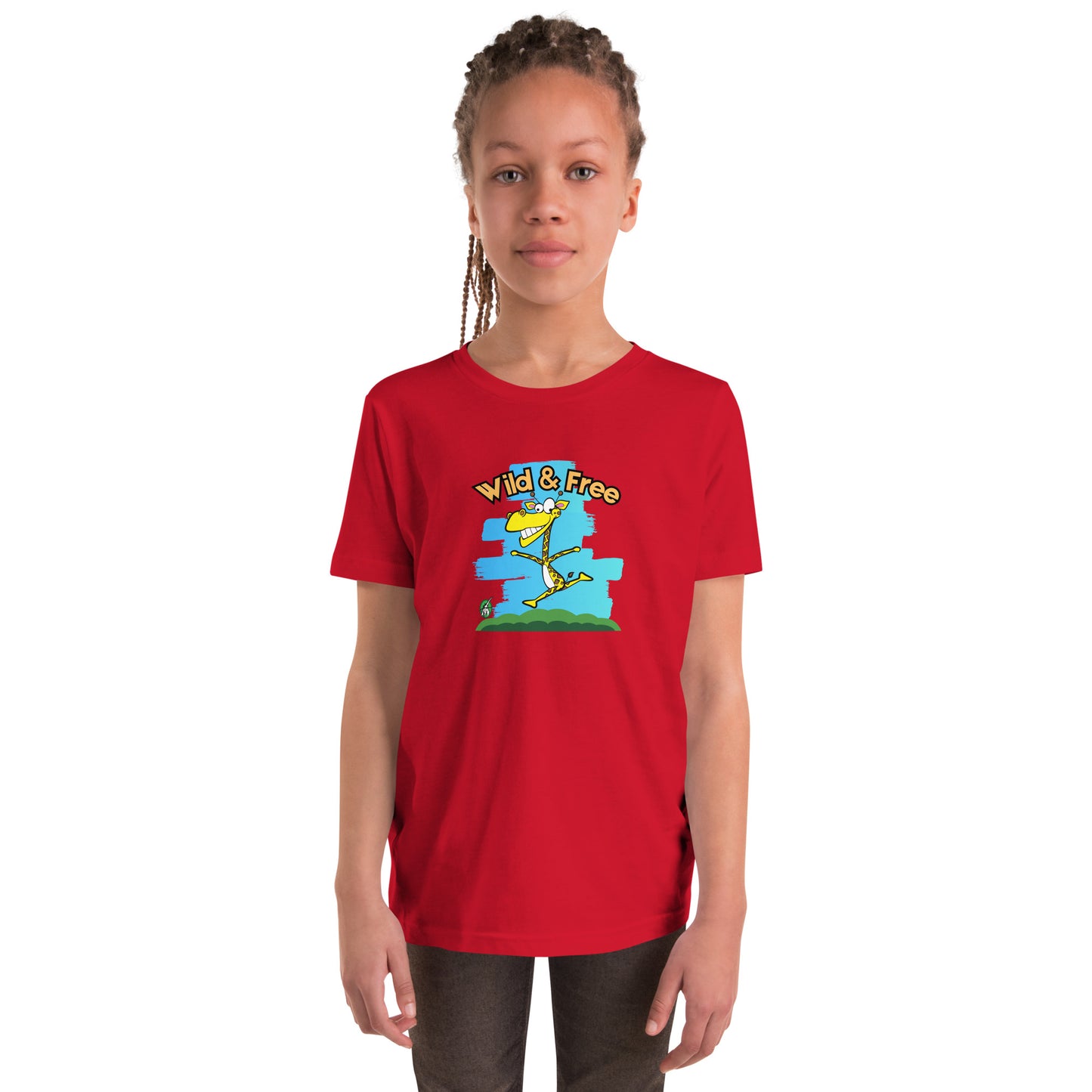 A girl standing wearing a red t-shirt with a funny graphic on the front of a giraffe running with the words, 'wild and free'  by Wizard Prints
