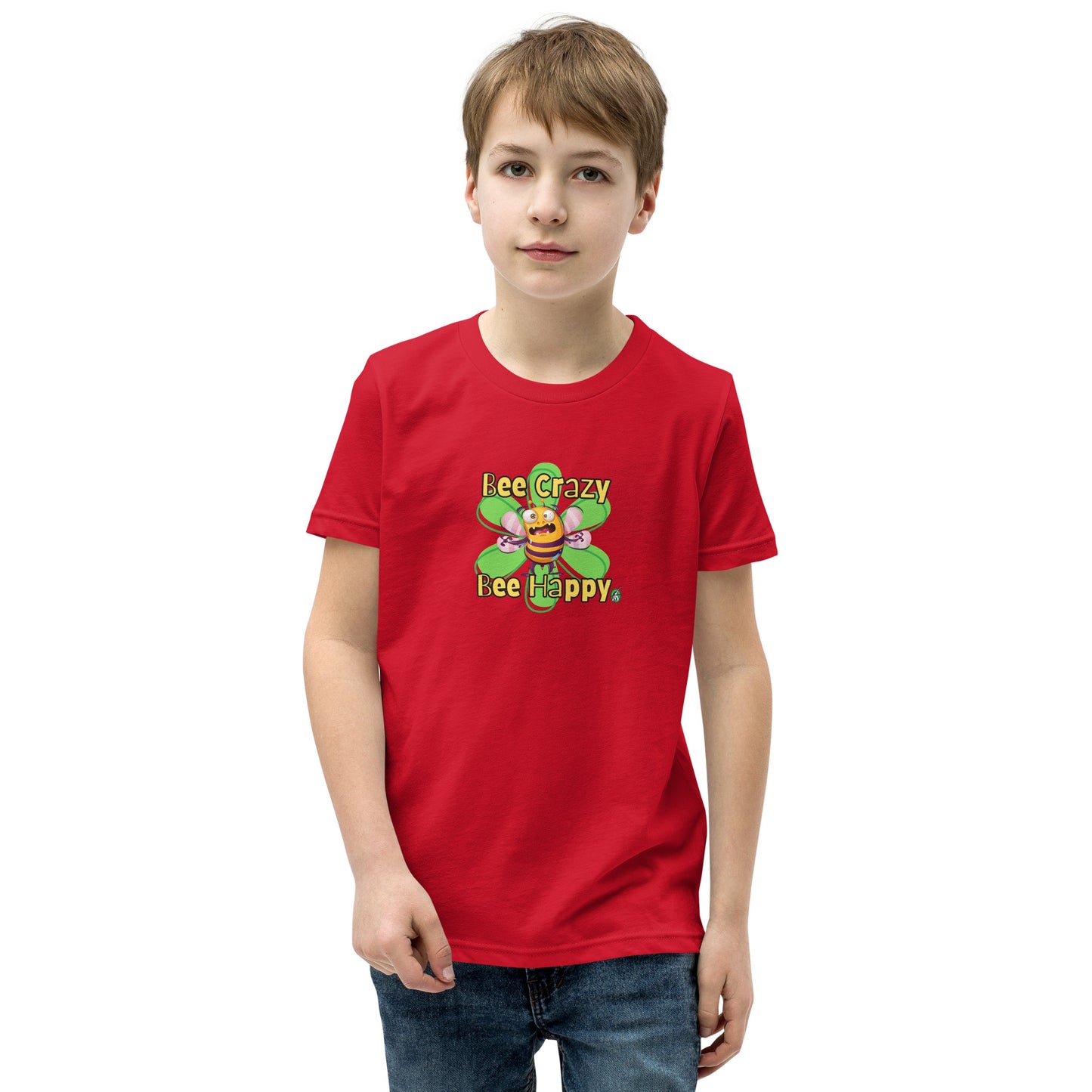  A boy standing wearing a red kids t-shirt with the printed graphic of a crazy bee and the statement, Bee Crazy Bee Happy. Designed by Wizard Prints