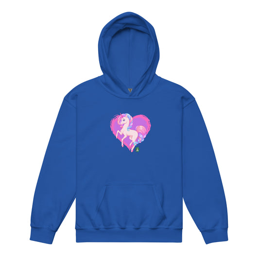 A Wizard Prints kids hoodie in blue with a printed graphic on the front of pink unicorn on a love heart background
