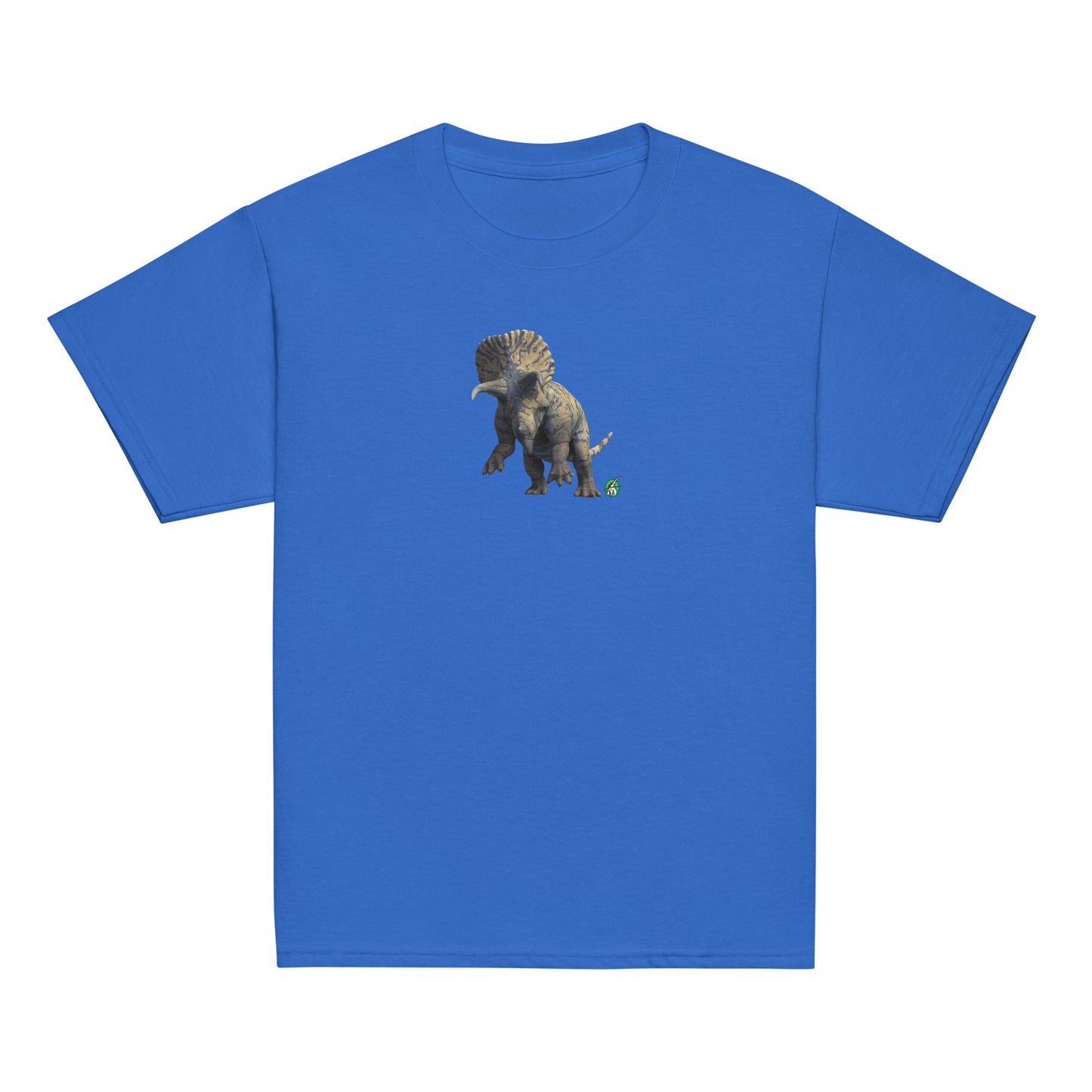 A Wizard Prints kids t-shirt in royal blue colour with a printed graphic on the front of a dinosaur 