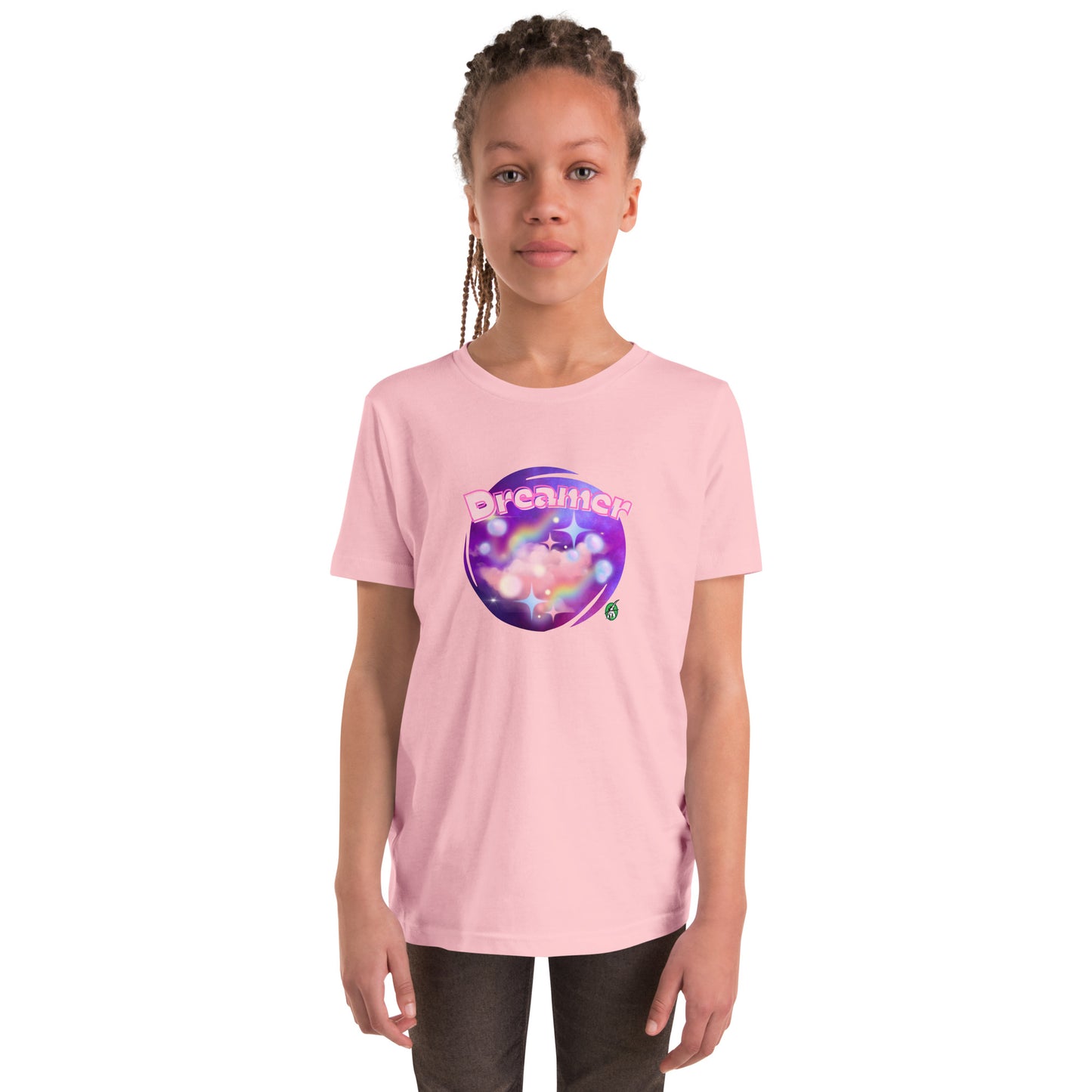 A girl standing wearing a pink kids graphic t-shirt with the word Dreamer on a galaxy background, by Wizard Prints