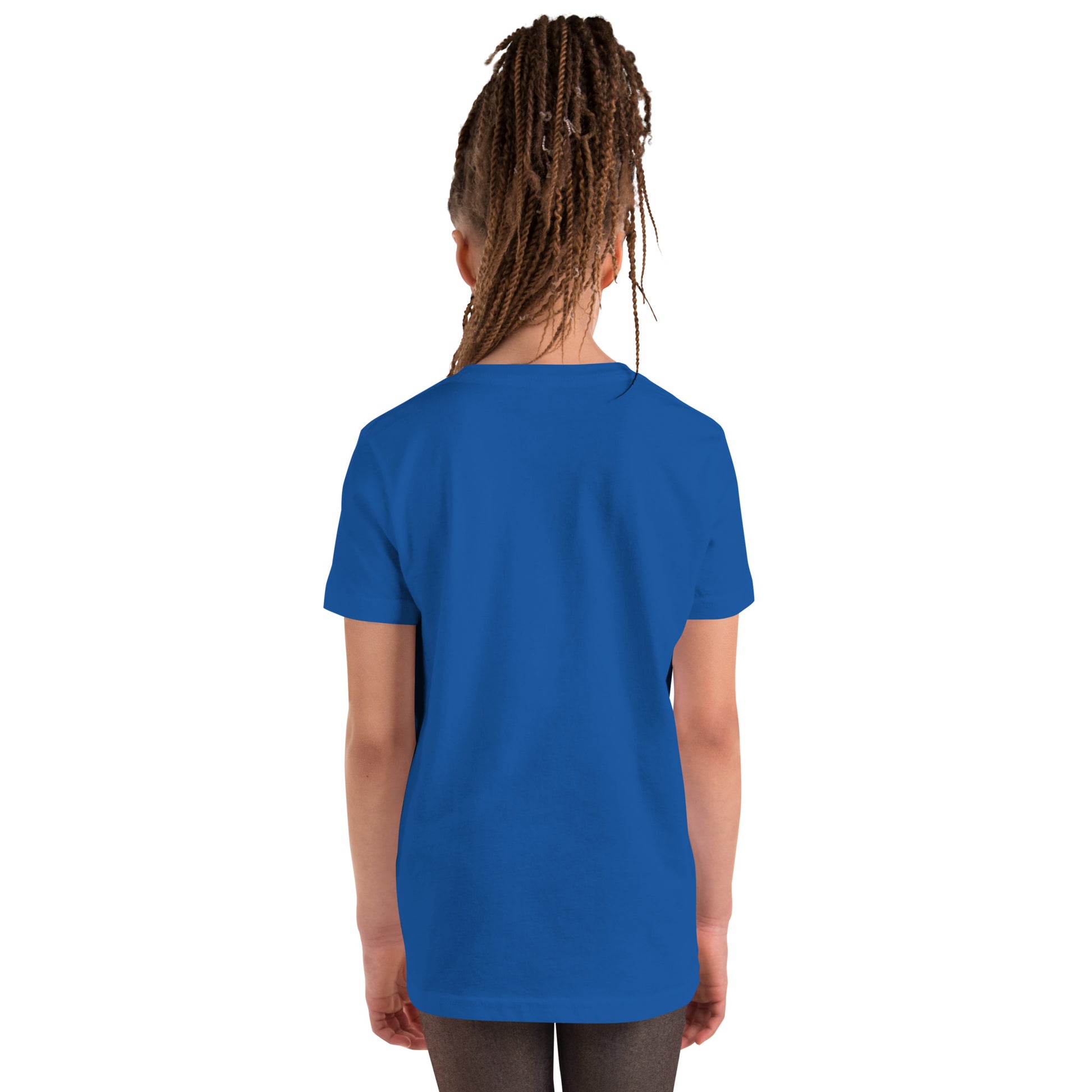 A girl standing with her back turned, wearing a blue t-shirt. Designed by Wizard Prints.