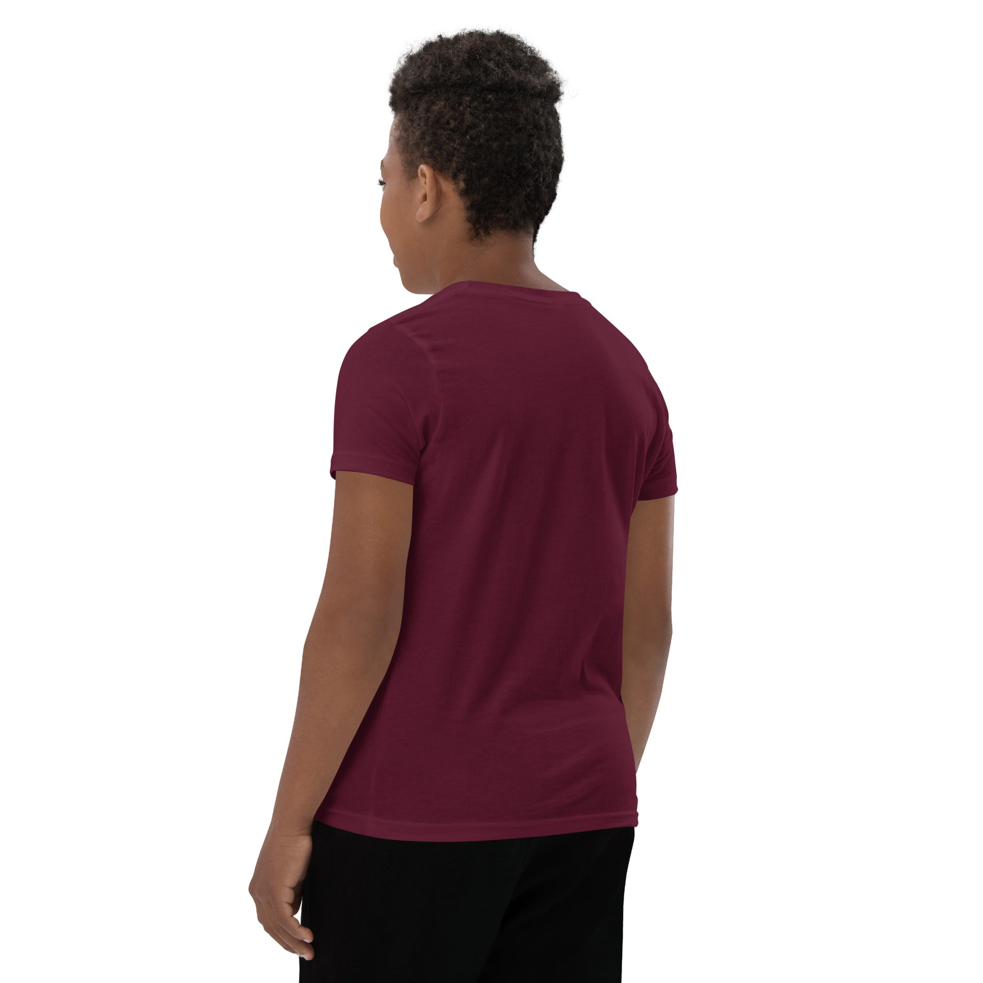 A boy standing with his back turned, wearing a maroon t-shirt. Designed by Wizard Prints.