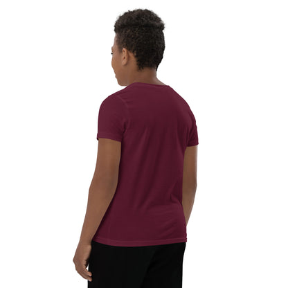 A boy standing with his back turned, wearing a maroon t-shirt. Designed by Wizard Prints.