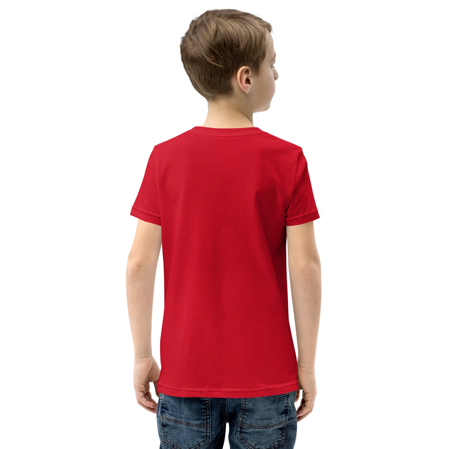 A boy standing with his back turned, wearing a red t-shirt. Designed by Wizard Prints.
