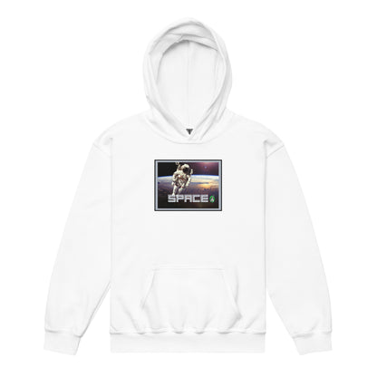 		A Wizard Prints kids hoodie in white with a printed graphic on the front of an astronaut flying in space with a planet in the background
