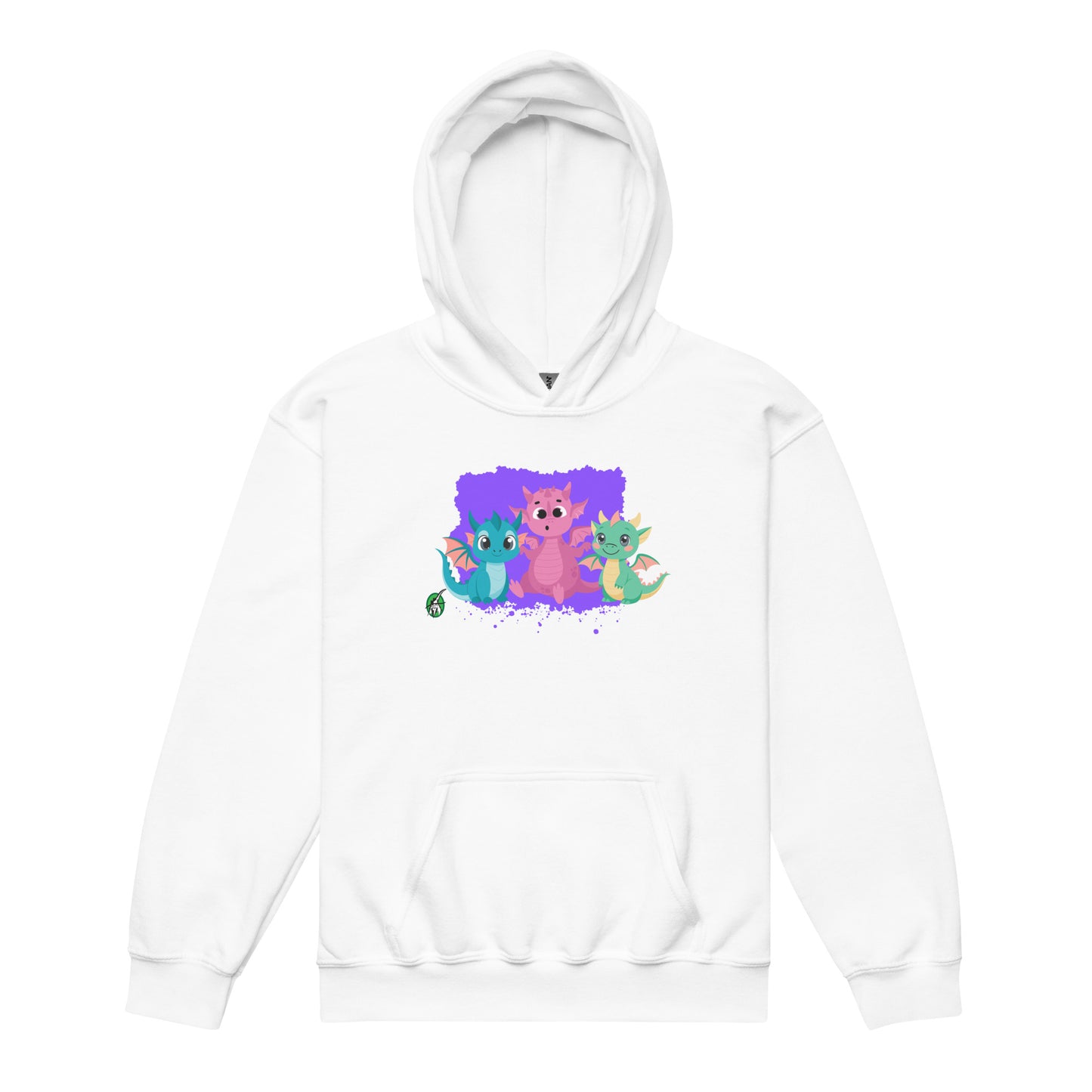 A Wizard Prints kids hoodie in white with a printed graphic on the front of three baby cartoon dragons