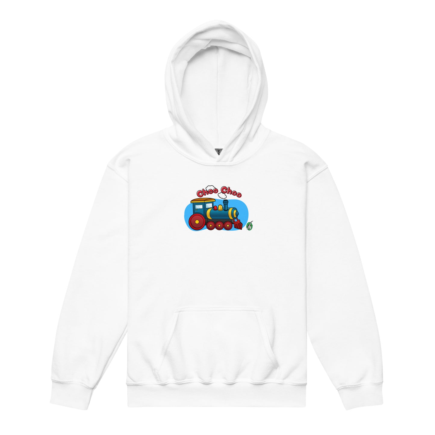 A Wizard Prints kids hoodie in white with a printed graphic on the front of cartoon train with the words, Choo Choo 
