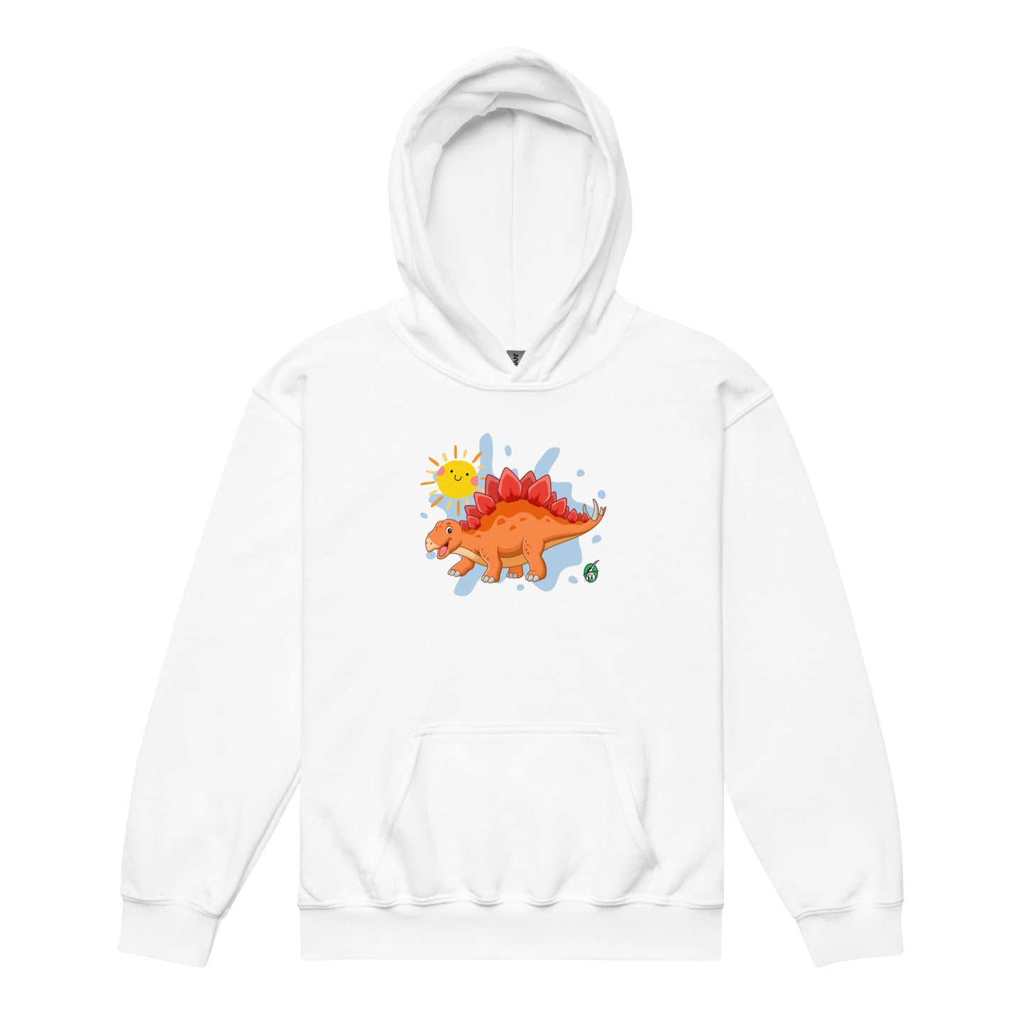 A Wizard Prints kids hoodie in white with a printed graphic on the front of a cartoon dinosaur