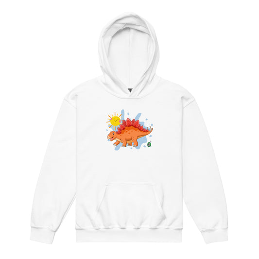 A Wizard Prints kids hoodie in white with a printed graphic on the front of a cartoon dinosaur