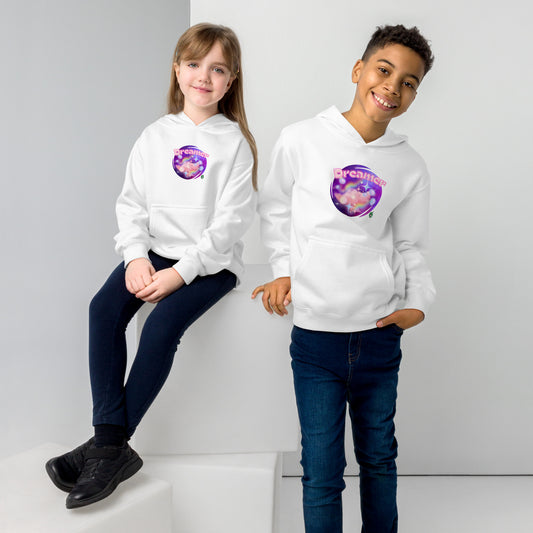 A boy standing and a girl sitting both wearing a white kids graphic hoodie with dreamy purple cirlcle and the word Dreamer by Wizard Prints