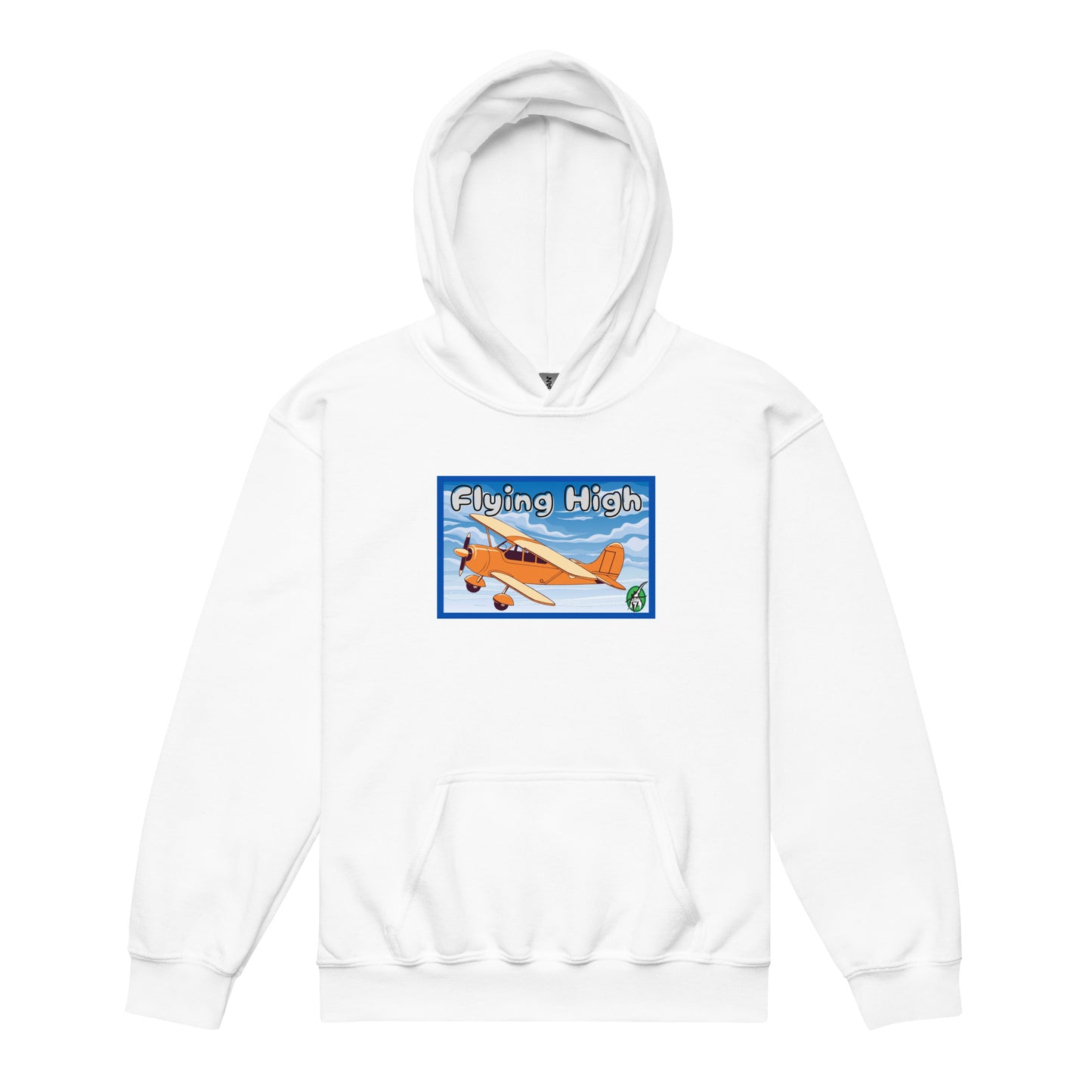 		A Wizard Prints kids hoodie in grey with a printed graphic on the front of plane with the words flying high
