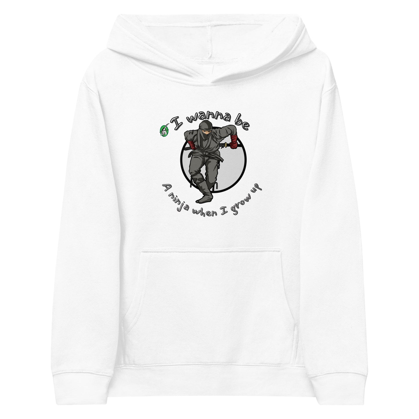 A white kids graphic hoodie with a ninja and the words I wanna be a ninja when I grow up, by Wizard Prints