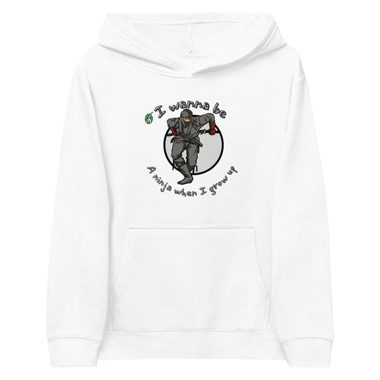 A white kids graphic hoodie with a ninja and the words I wanna be a ninja when I grow up, by Wizard Prints