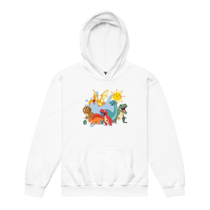 A Wizard Prints kids hoodie in white with a printed graphic on the front of a group of cartoon dinosaurs
