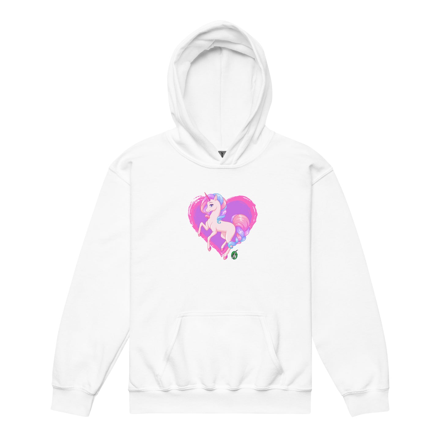 A Wizard Prints kids hoodie in white with a printed graphic on the front of pink unicorn on a love heart background