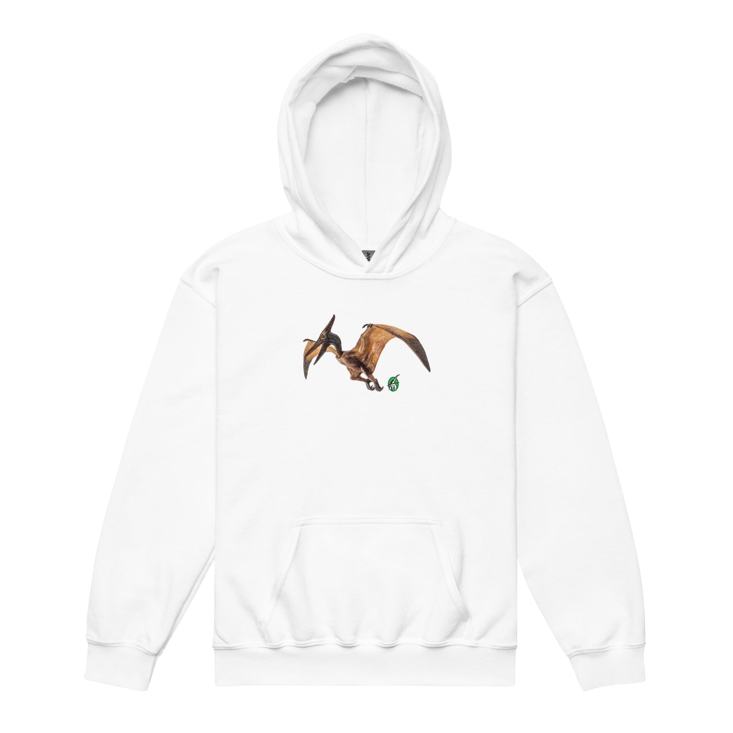 A Wizard Prints kids hoodie in white with a printed graphic on the front of life like dinosaur