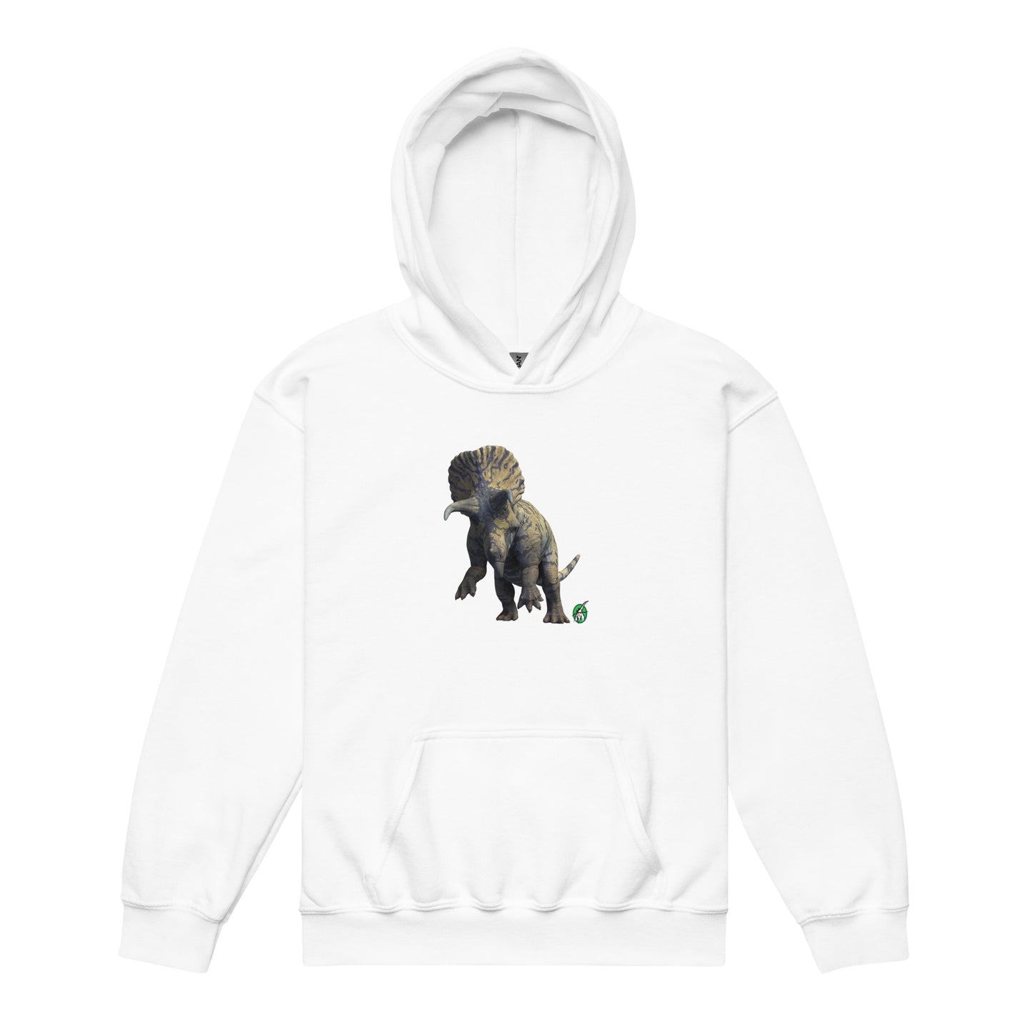 A Wizard Prints kids hoodie in white with a printed graphic on the front of life like dinosaur