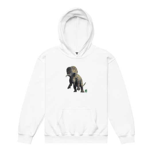 A Wizard Prints kids hoodie in white with a printed graphic on the front of life like dinosaur