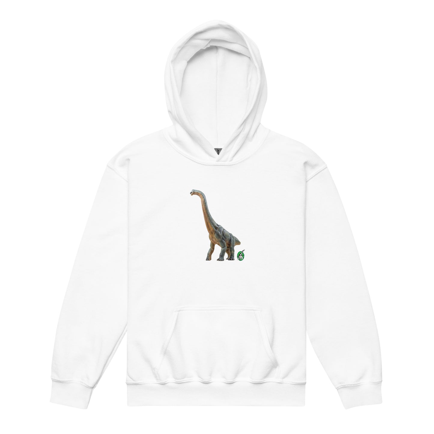 A Wizard Prints kids hoodie in white with a printed graphic on the front of life like dinosaur
