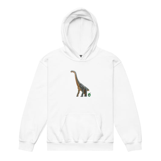 A Wizard Prints kids hoodie in white with a printed graphic on the front of life like dinosaur