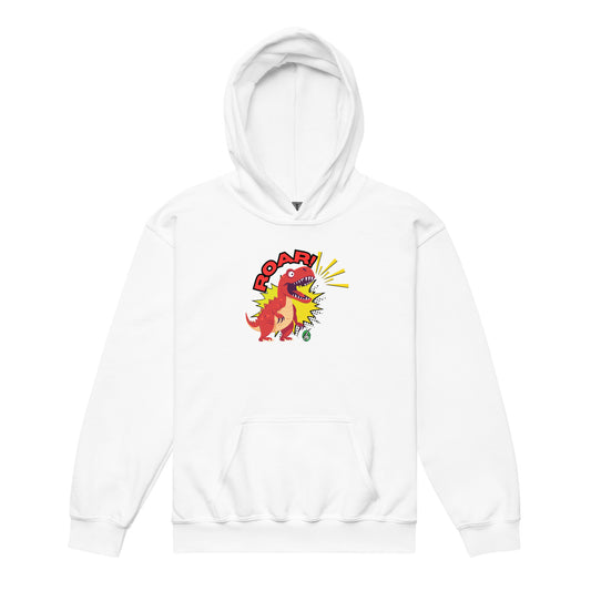 A Wizard Prints kids hoodie in white with a printed graphic on the front of a cartoon dinosaur in red with the word, Roar!
