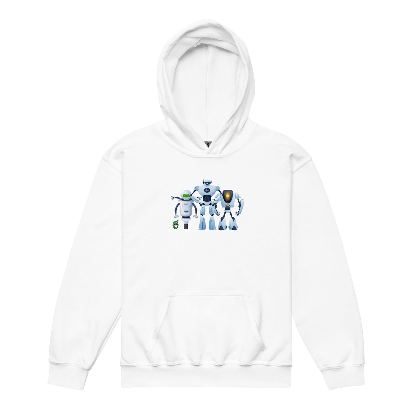 A Wizard Prints kids hoodie in white with a printed graphic on the front of an group of robots