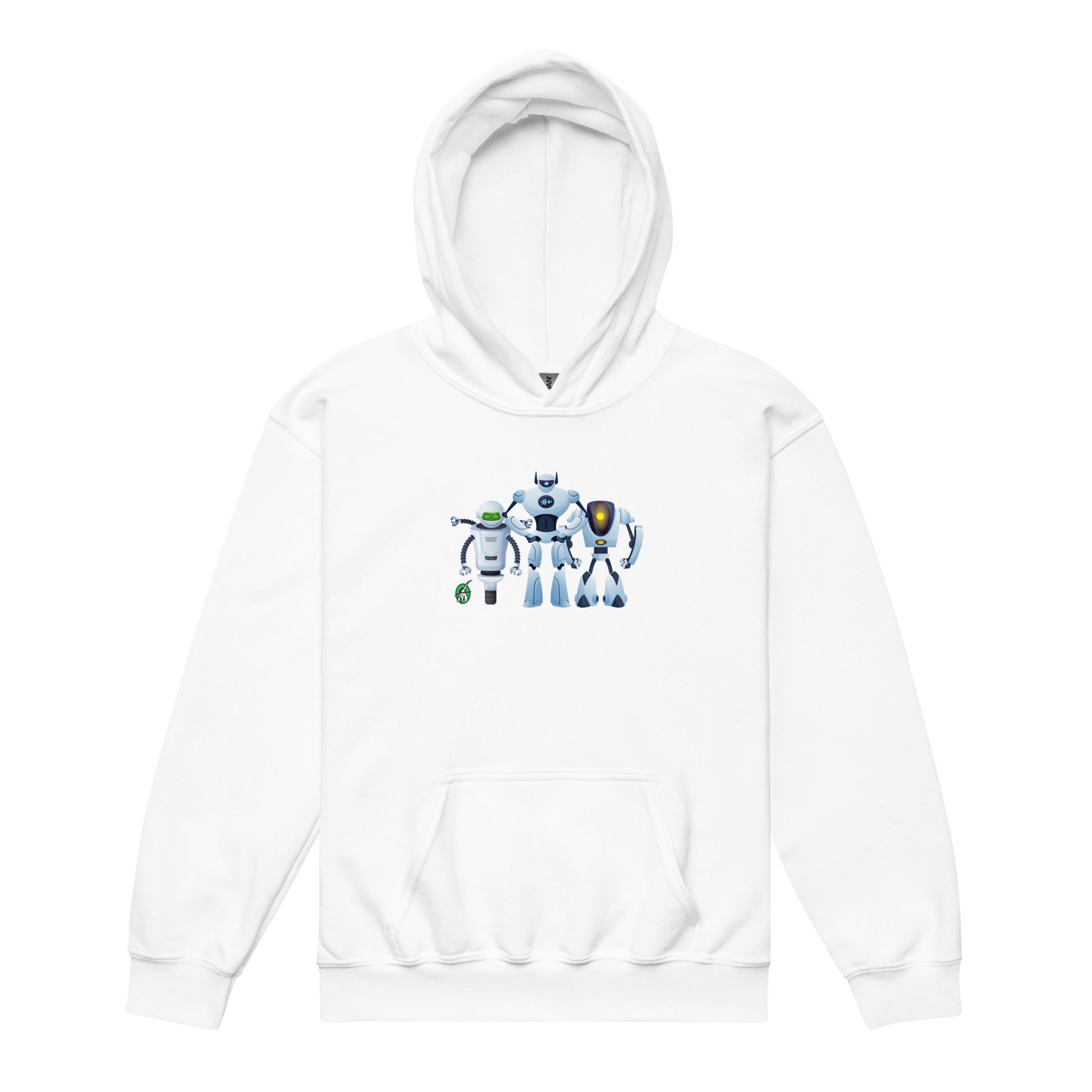 A Wizard Prints kids hoodie in white with a printed graphic on the front of an group of robots
