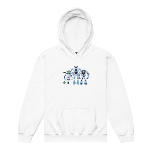 A Wizard Prints kids hoodie in white with a printed graphic on the front of an group of robots