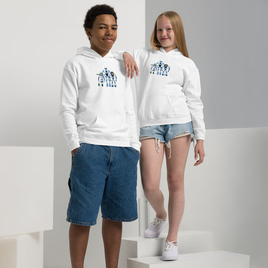 A boy and girl wearing a Wizard Prints kids hoodie in white with a printed graphic on the front of a group of robots