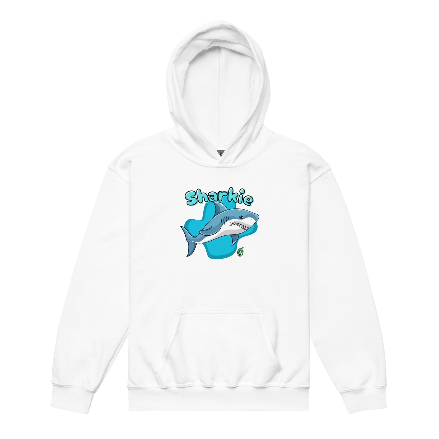 		A Wizard Prints kids hoodie in white with a printed graphic on the front of a cartoon shark with the words, Sharkie
