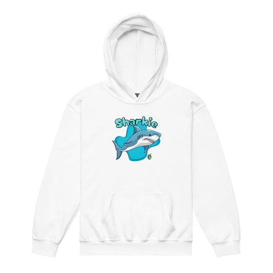 		A Wizard Prints kids hoodie in white with a printed graphic on the front of a cartoon shark with the words, Sharkie
