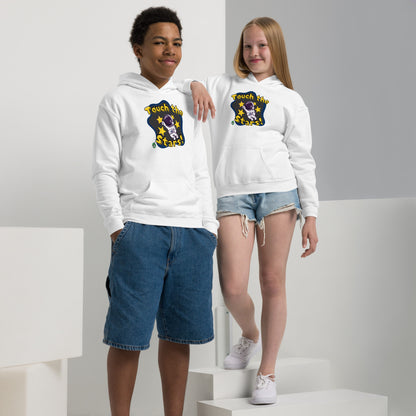 A boy and girl wearing a Wizard Prints kids hoodie in white with a printed graphic on the front of an astronaut with the words, Touch the Stars