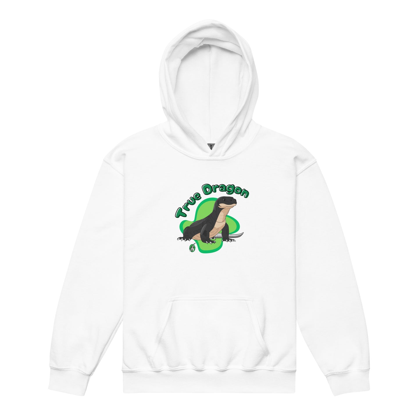 A Wizard Prints kids hoodie in white with a printed graphic on the front of a dragon with the words True Dragon