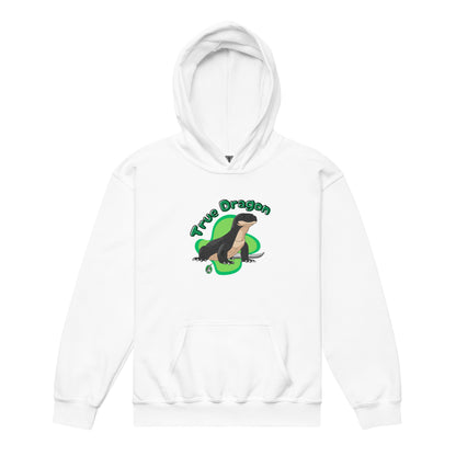 A Wizard Prints kids hoodie in white with a printed graphic on the front of a dragon with the words True Dragon