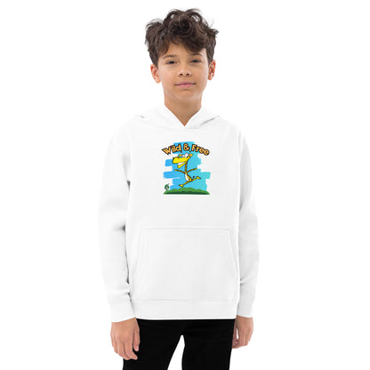 Kid's white hoodie with a funny graphic on the front of a giraffe running with the words, 'wild and free'  by Wizard Prints