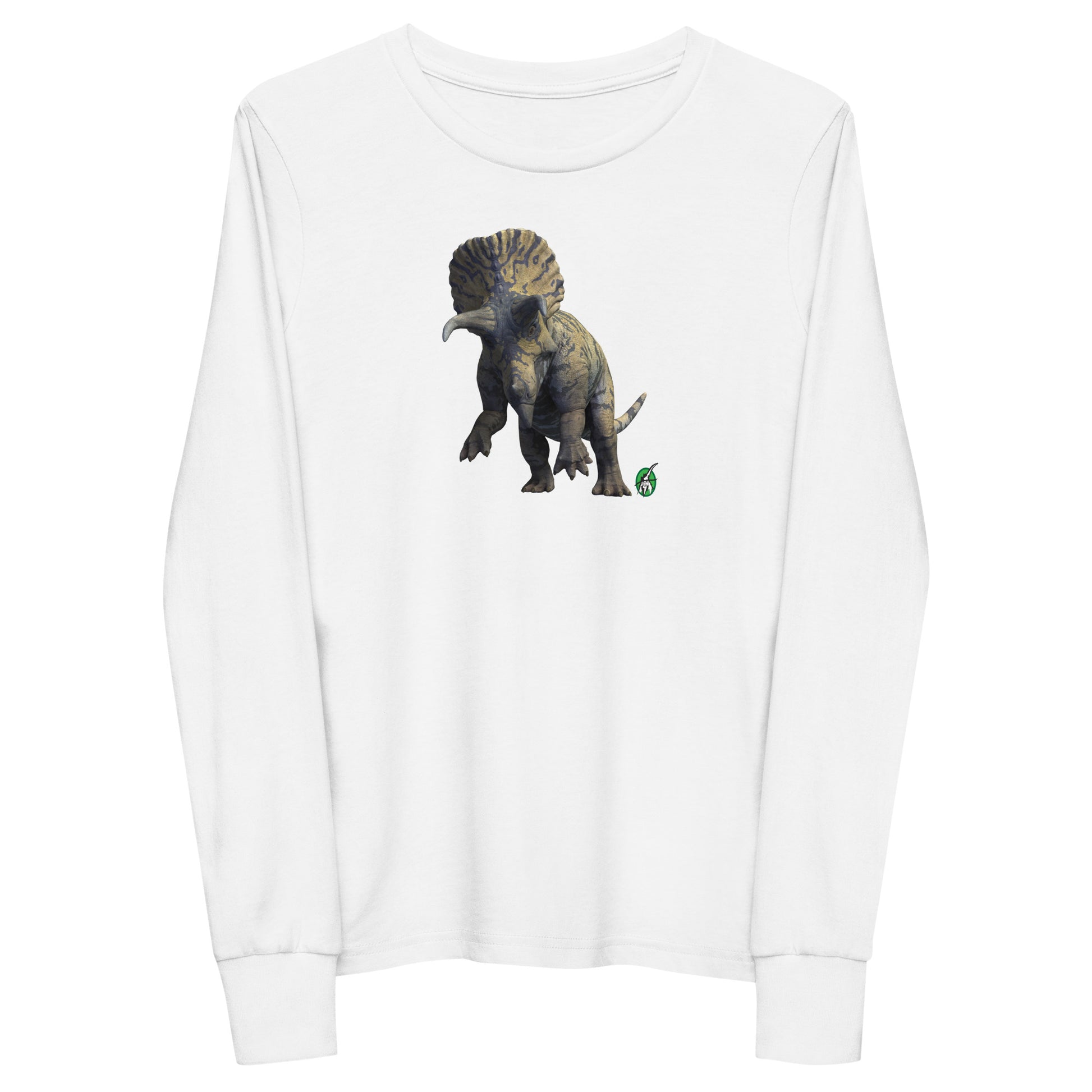 Kids' white long-sleeve T-shirt featuring a printed graphic of a life like Triceratops, by Wizard Prints.