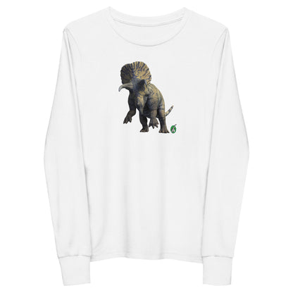 Kids' white long-sleeve T-shirt featuring a printed graphic of a life like Triceratops, by Wizard Prints.