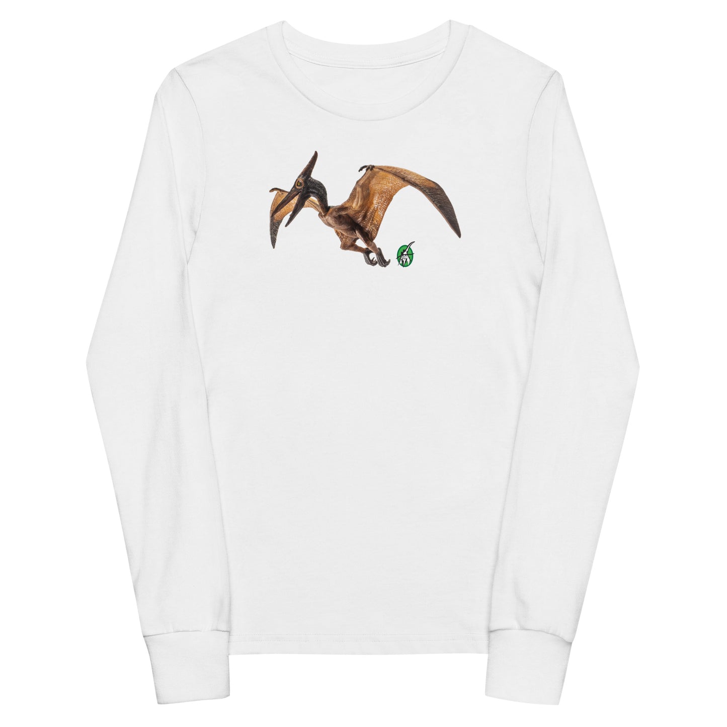 Kids' white long-sleeve T-shirt featuring a printed graphic of a Pterodactyl, by Wizard Prints.