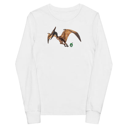 Kids' white long-sleeve T-shirt featuring a printed graphic of a Pterodactyl, by Wizard Prints.