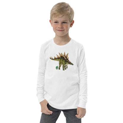 A boy standing and wearing a white long-sleeve T-shirt featuring a printed graphic of life like Stegosaurus, by Wizard Prints.