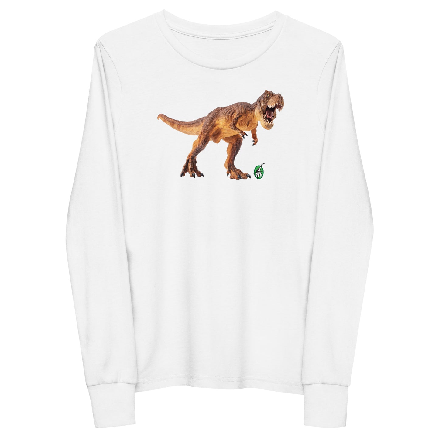 Kids' white long-sleeve T-shirt featuring a printed graphic of a life like T-rex, by Wizard Prints.