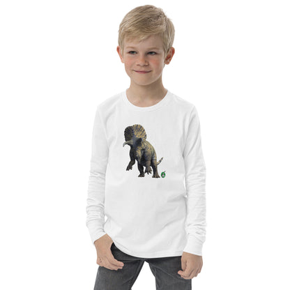 A boy standing and wearing a white long-sleeve T-shirt featuring a printed graphic of a life like Triceratops, by Wizard Prints.