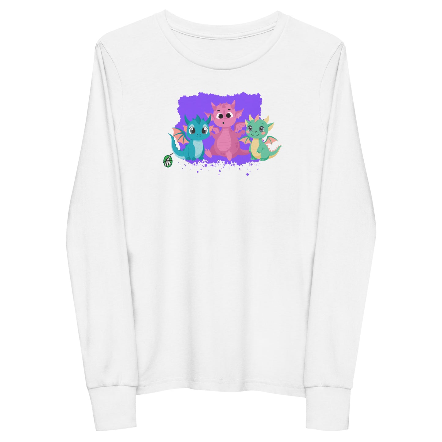 Kids' white long-sleeve T-shirt featuring a printed graphic of colorful dragons, by Wizard Prints.