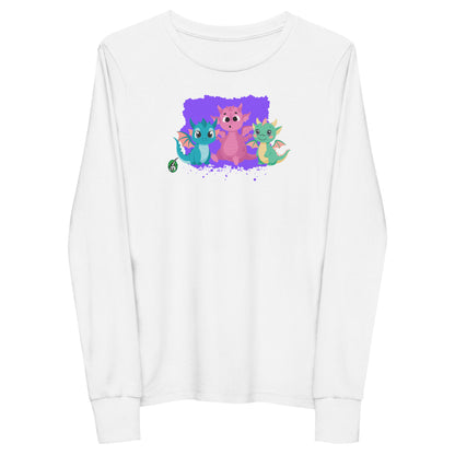 Kids' white long-sleeve T-shirt featuring a printed graphic of colorful dragons, by Wizard Prints.