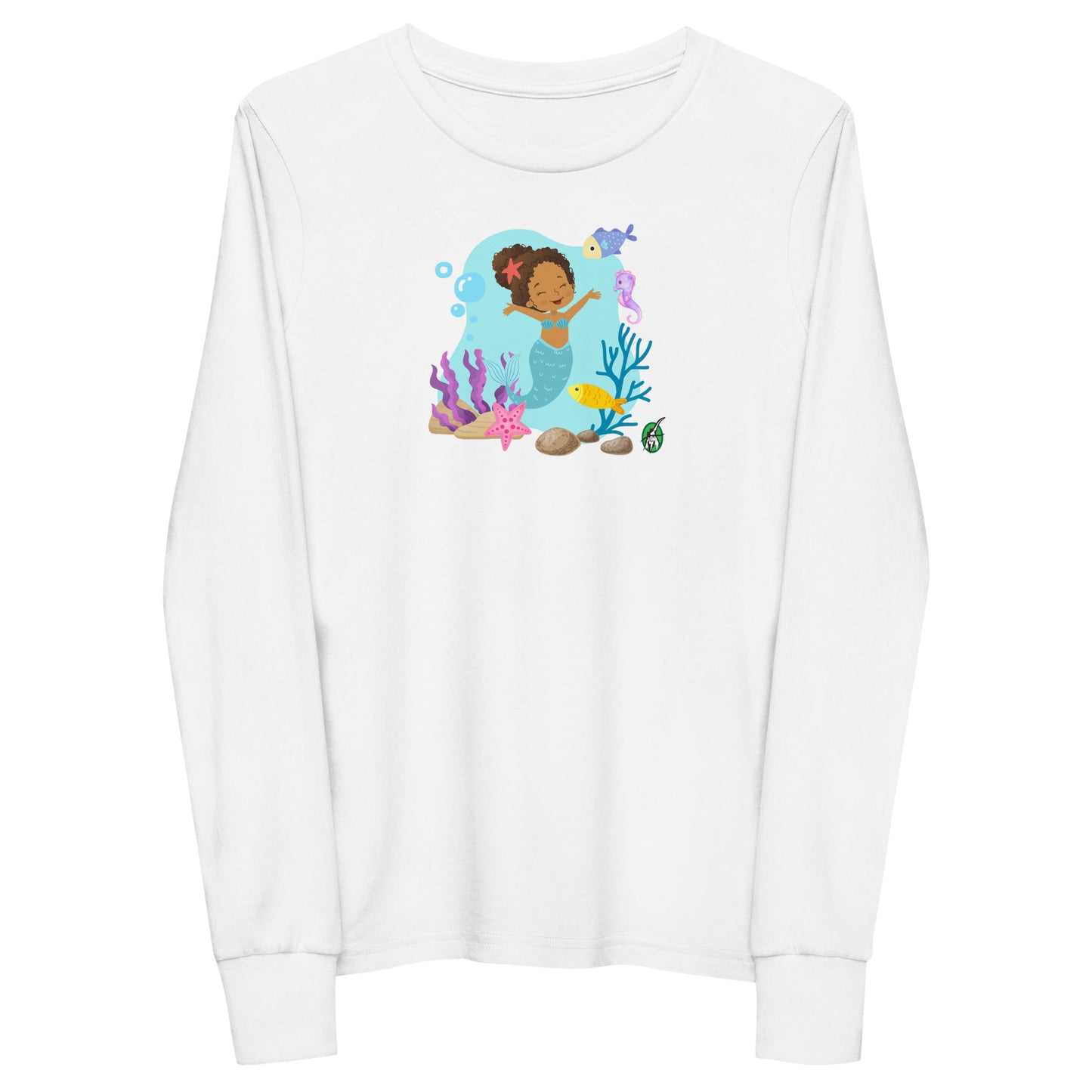 Kids' white long-sleeve T-shirt featuring a printed graphic of a curly head mermaid with sea creatures and water, by Wizard Prints.