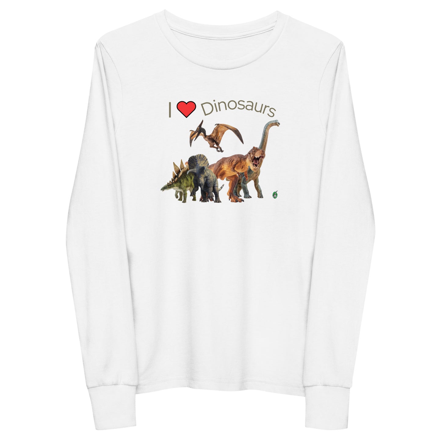 Kids' grey long-sleeve T-shirt featuring a printed graphic of life like dinosaurs and the words "I love Dinosaurs", by Wizard Prints.