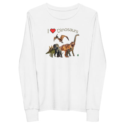 Kids' grey long-sleeve T-shirt featuring a printed graphic of life like dinosaurs and the words "I love Dinosaurs", by Wizard Prints.