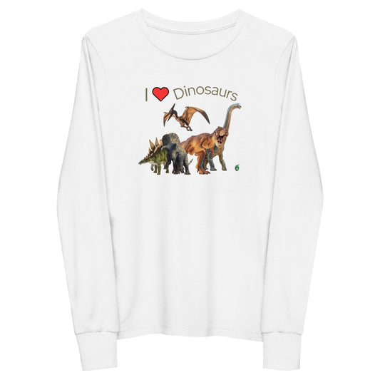 Kids' grey long-sleeve T-shirt featuring a printed graphic of life like dinosaurs and the words "I love Dinosaurs", by Wizard Prints.