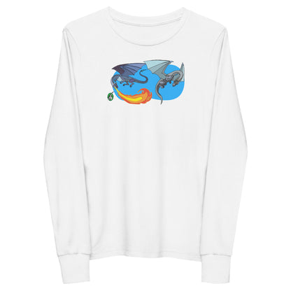 Kids' white long-sleeve T-shirt featuring a printed graphic of two flying fiery dragons, by Wizard Prints.